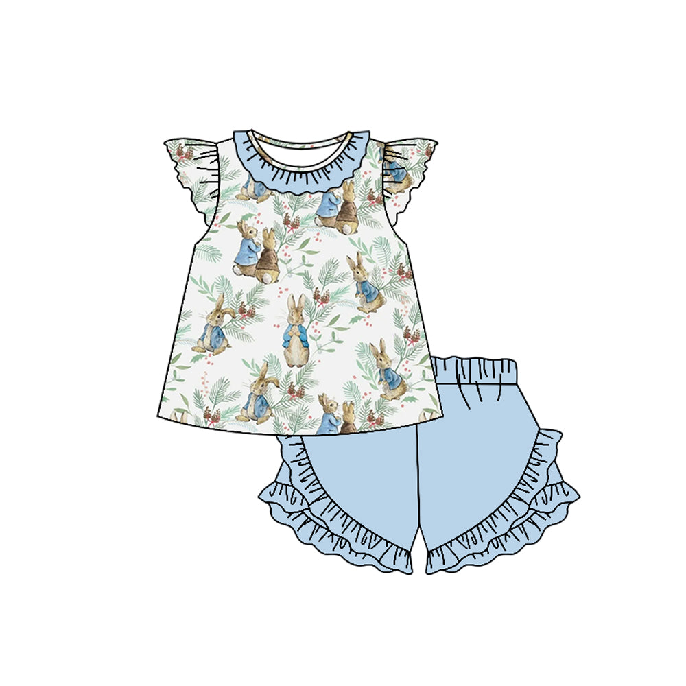 preorder GSSO1637 Easter cute bunny rabbit flutter sleeve blue shorts girls set