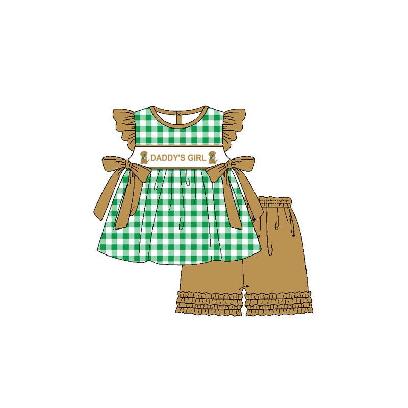 Preorder GSSO1645 hunting daddy's girl dog green checkered bows flutter sleeve brown shorts girls set