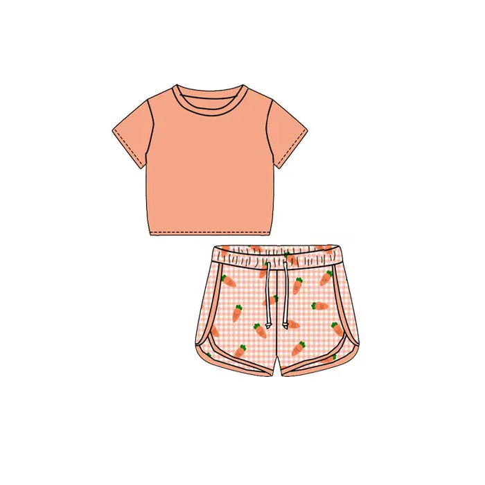 preorder GSSO1655 orange short sleeve carrot checkered shorts girls set