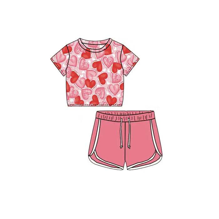 preorder GSSO1656 red heart short sleeve pink shorts girls set
