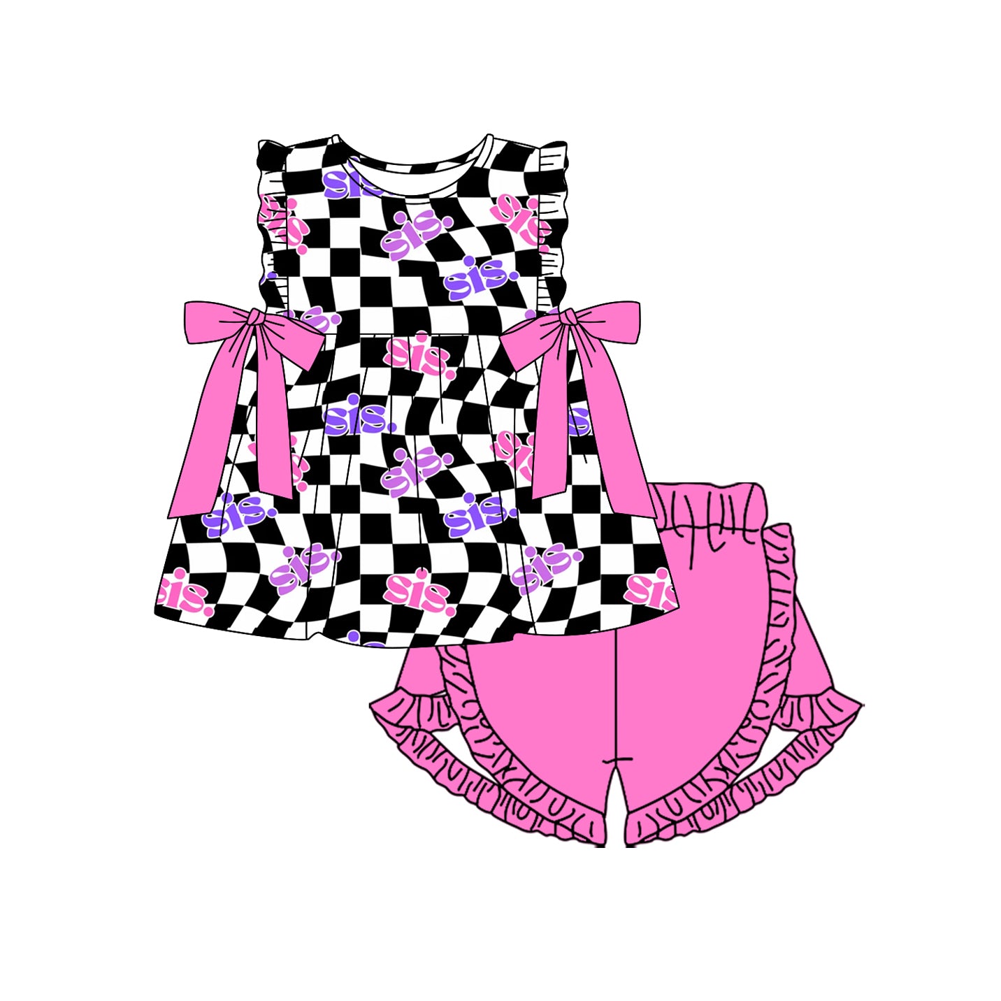 preorder GSSO1659 sis.sister black checkered bows flutter sleeve hot pink shorts girls set