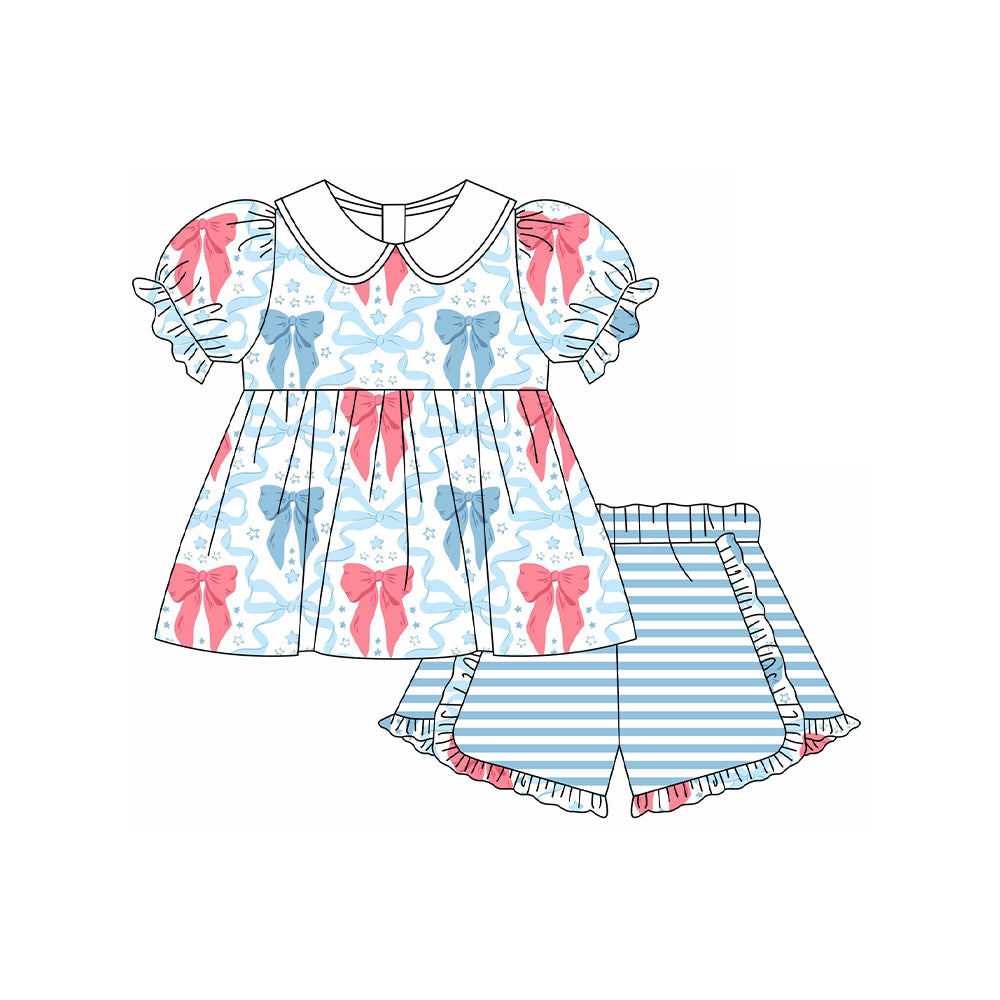 preorder GSSO1660 pink bows blue bows short sleeve blue striped shorts girls set