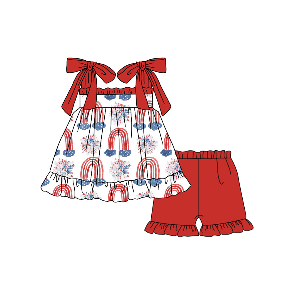 preorder GSSO1661 July 4th ranbows fireworks lace-up red shorts girls set