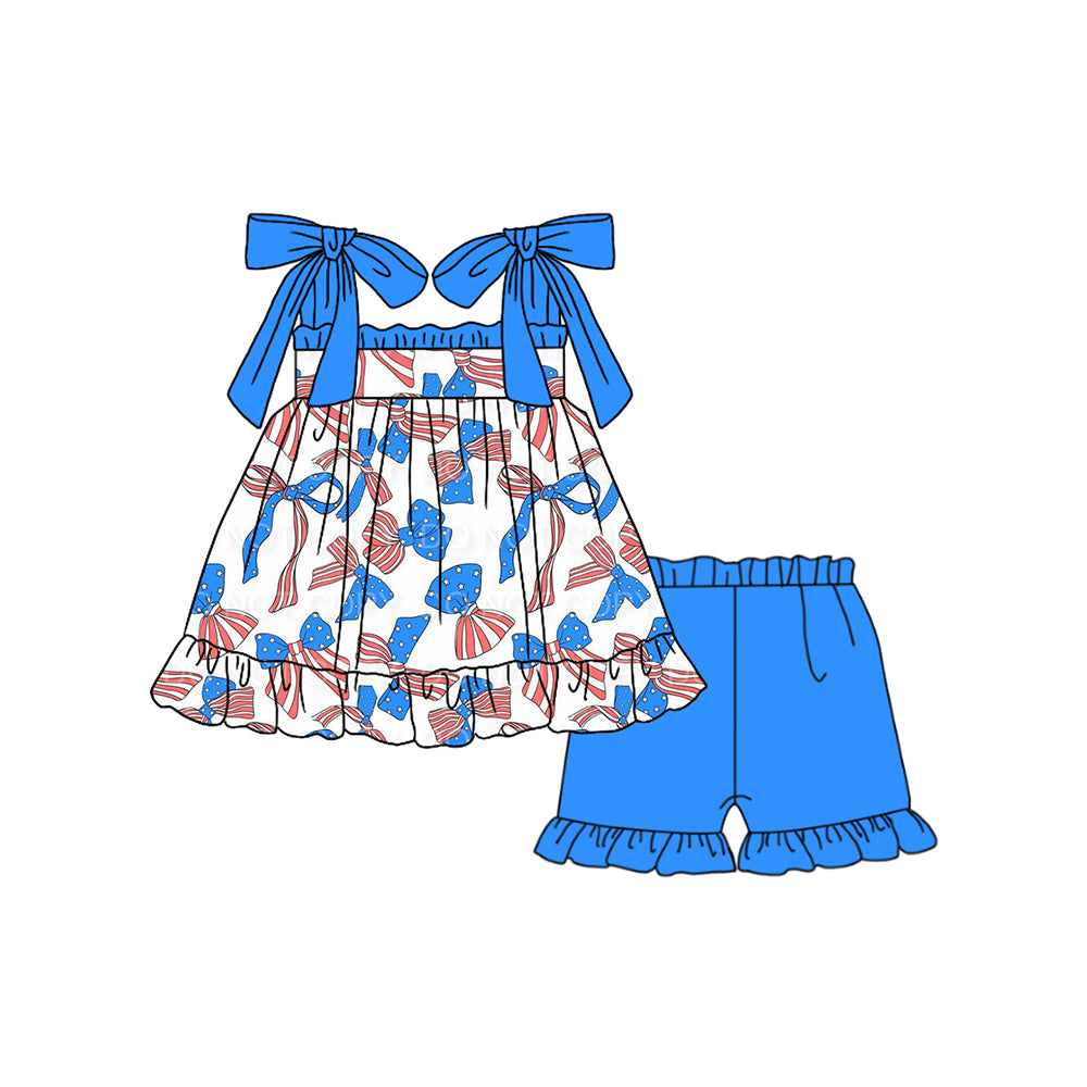 preorder GSSO1662 July 4th flag bows lace-up blue shorts girls set