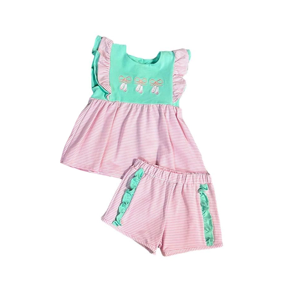 preorder GSSO1667 cartoon dance shoe green flutter sleeve pink striped shorts girls set
