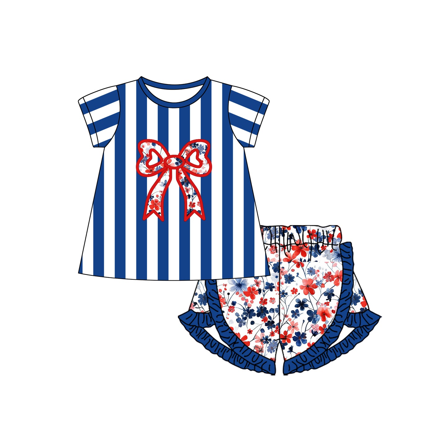 preorder GSSO1669 red flowers bows blue striped short sleeve flowers ruffles shorts girls set