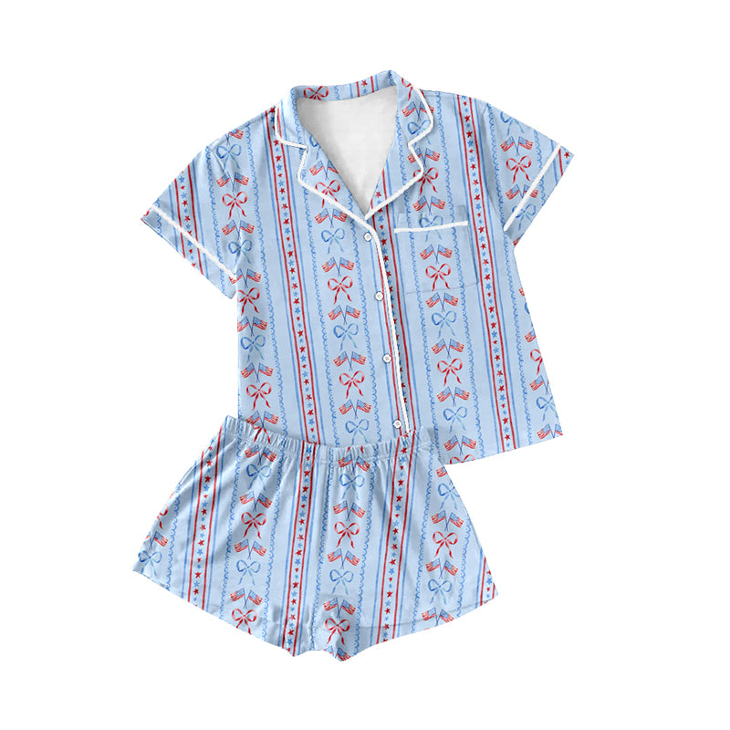 preorder GSSO1672 July 4th flag blue bows short sleeve shorts adult women pajamas