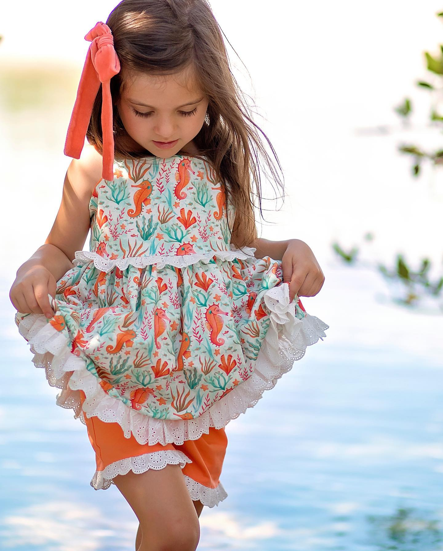 preorder GSSO1676 orange seahorse green sleeveless orange shorts girls set