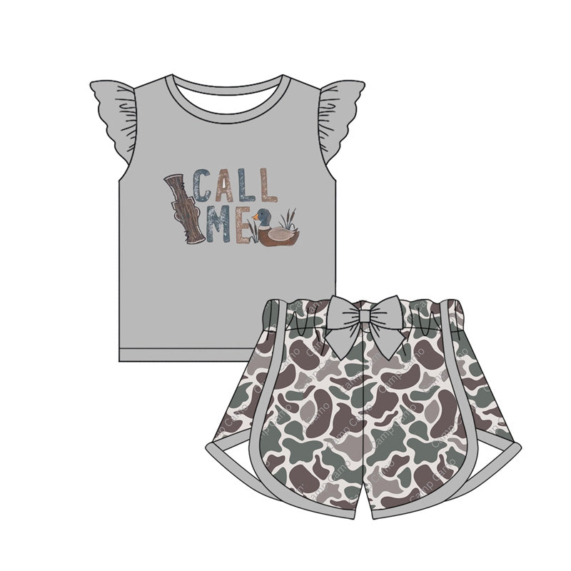 preorder GSSO1678 hunting call me duck call mallard grey flutter sleeve camo shorts girls set