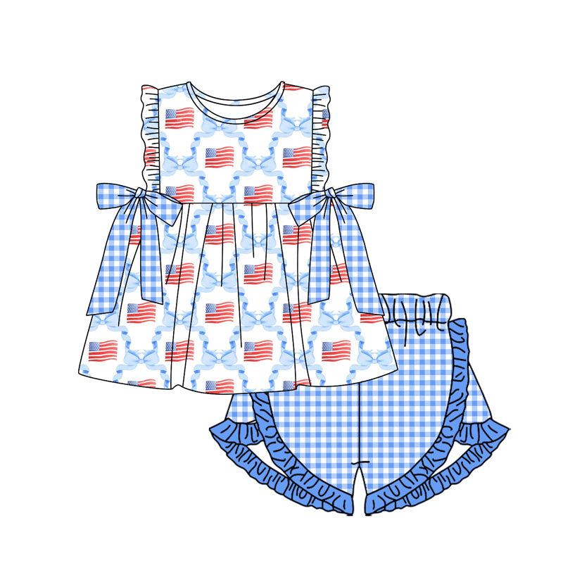preorder GSSO1684 July 4th flag blue bows flutter sleeve blue checkered shorts girls set