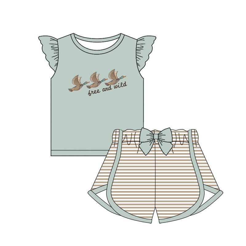 preorder GSSO1688 Hunting Free And Wild Mallard Duck Flutter Sleeve Striped Shorts Girls Set
