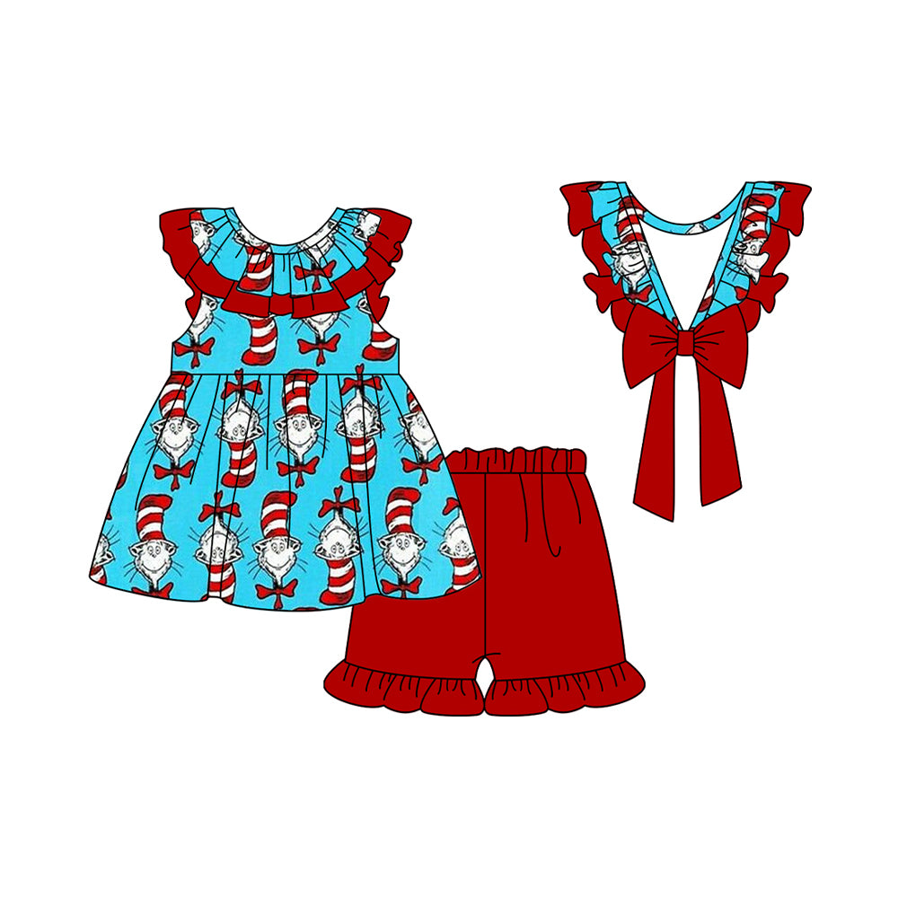 preorder GSSO1691 Here Comes Bows Blue Flutter Sleeve Red Shorts Girls Set
