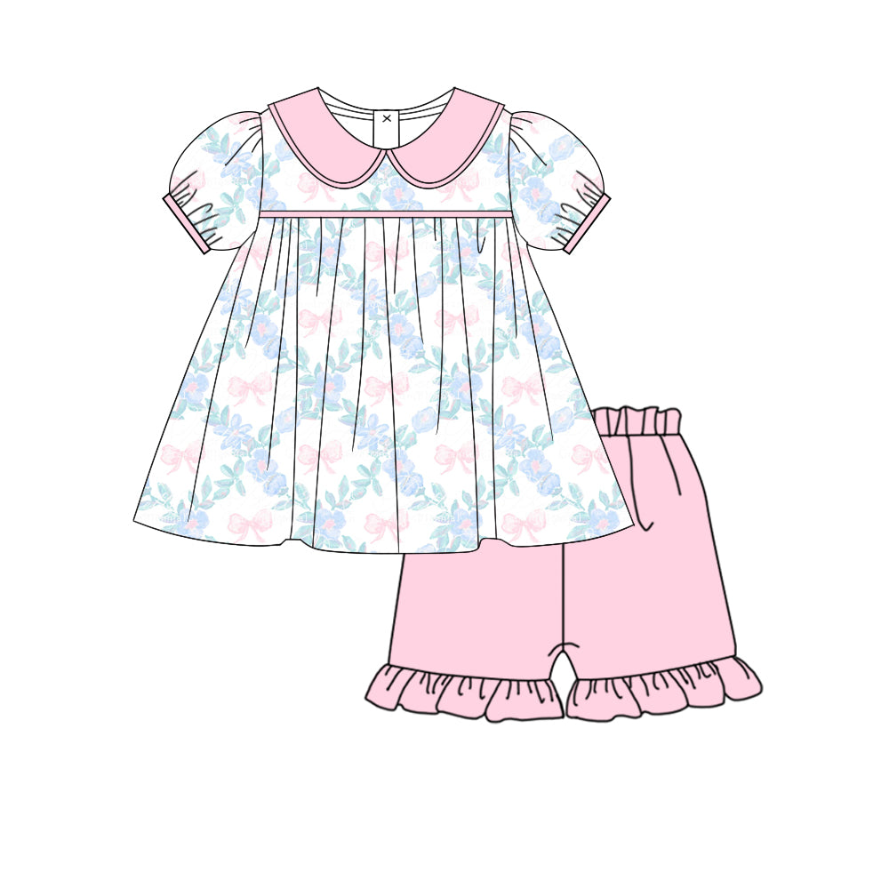 preorder GSSO1704 Pink Bow Blue Flowers Short Sleeve Pink Shorts Girls Set