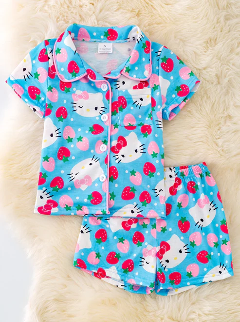 preorder GSSO1711 Cartoon Cat Strawberry Blue Short Sleeve Shorts Girls Pajamas