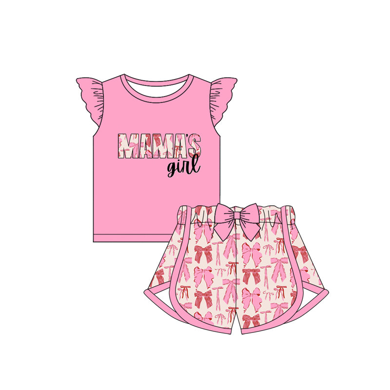 preorder GSSO1714 MAMA'S Girl Hot Pink Flutter Sleeve Bows Shorts Girls Set