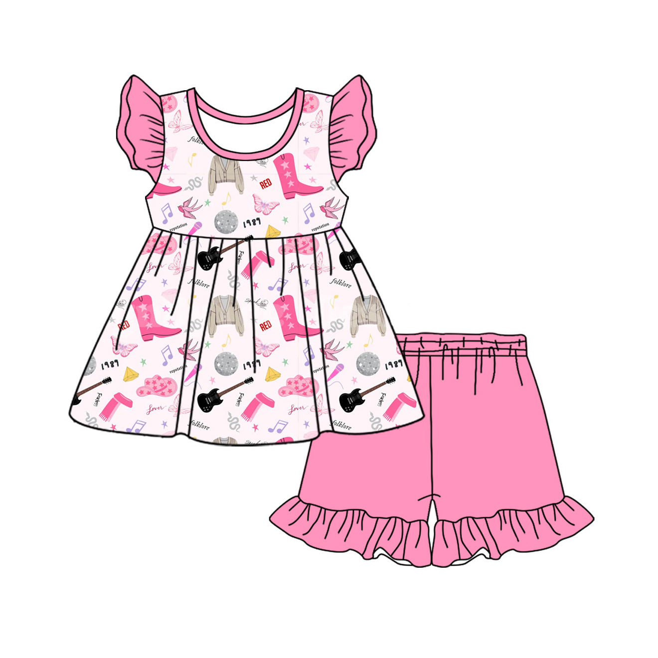 preorder GSSO1734 Taylor Country Singer 1989 Flutter Sleeve Hot Pink Shorts Girls Set