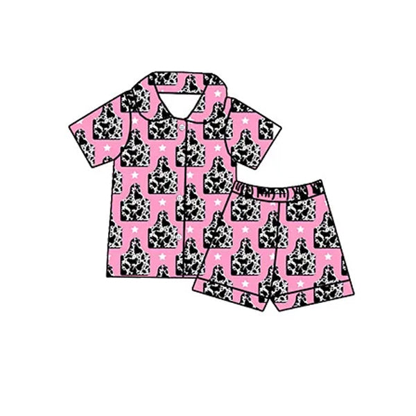 preorder GSSO1743 Western Cow Print Hot Pink Short Sleeve Shorts Girls Pajamas
