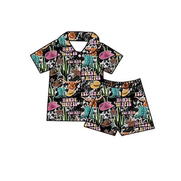 preorder GSSO1744 Western Howdy Highland Cow Cactus Short Sleeve Shorts Girls Pajamas