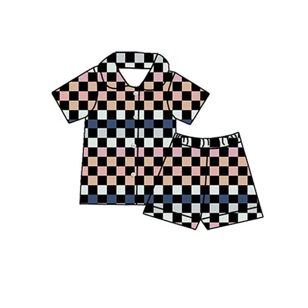 preorder GSSO1745 Western Colorful Checkered Short Sleeve Shorts Girls Pajamas