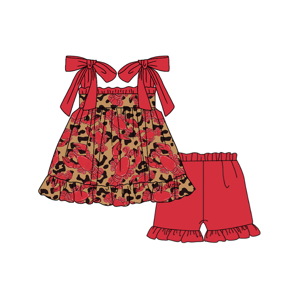 preorder GSSO1769 Cute Crayfish Leopard Lace-up Red Shorts Girls Set