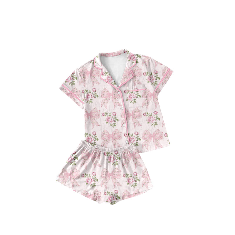 preorder GSSO1780 pink bows flowers short sleeve shorts girls button pajamas