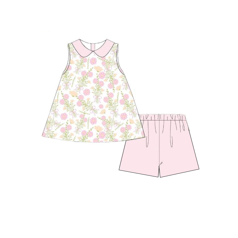 preorder GSSO1782 pink flowers peter pan collar pink shorts girls set
