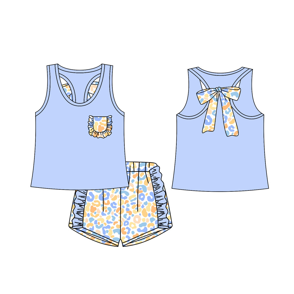 preorder GSSO1789 Blue Pocket Bows Sleeveless Ruffles Leopard Shorts Girls Set