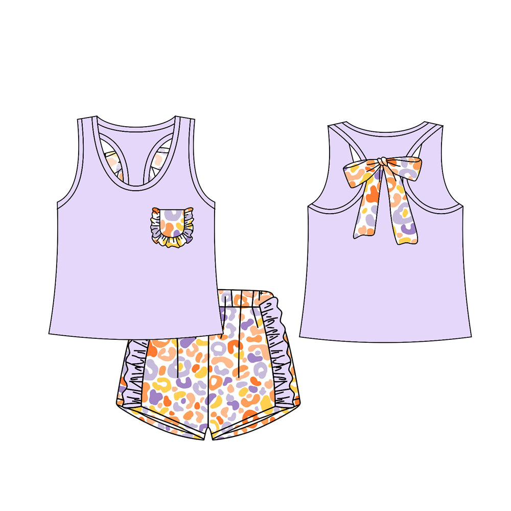 preorder GSSO1790 Purple Pocket Bows Sleeveless Ruffles Leopard Shorts Girls Set