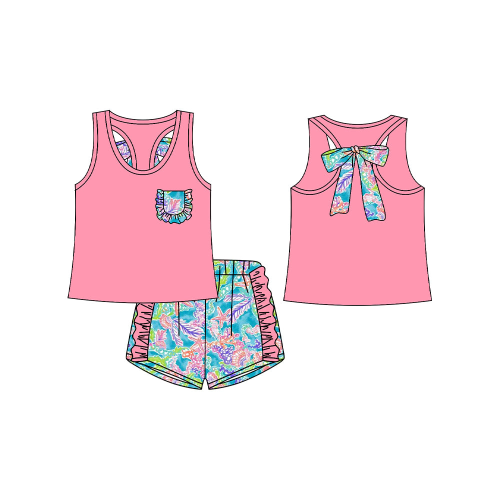 preorder GSSO1794 Pink Bow Pocket Sleeveless Colorful Printing Shorts Girls Set