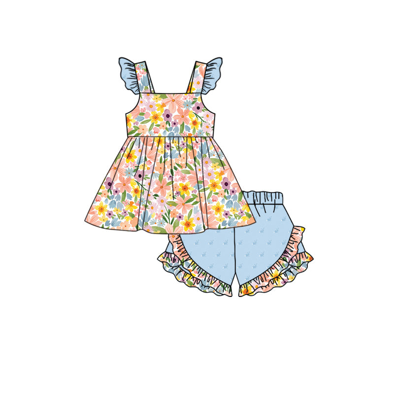 preorder GSSO1802 Colorful Flowers Flutter Sleeve Blue Ruffles Shorts Girls Set