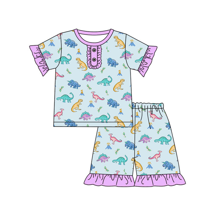 preorder GSSO1811 cute dinosaur teal short sleeve shorts girls pajamas
