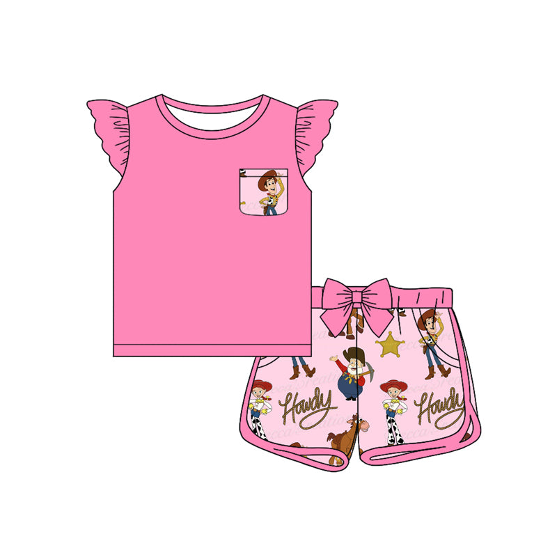 preorder GSSO1817 Western Howdy Cartoon Toy Pocket Hot Pink Flutter Sleeve Bow Shorts Girls Set