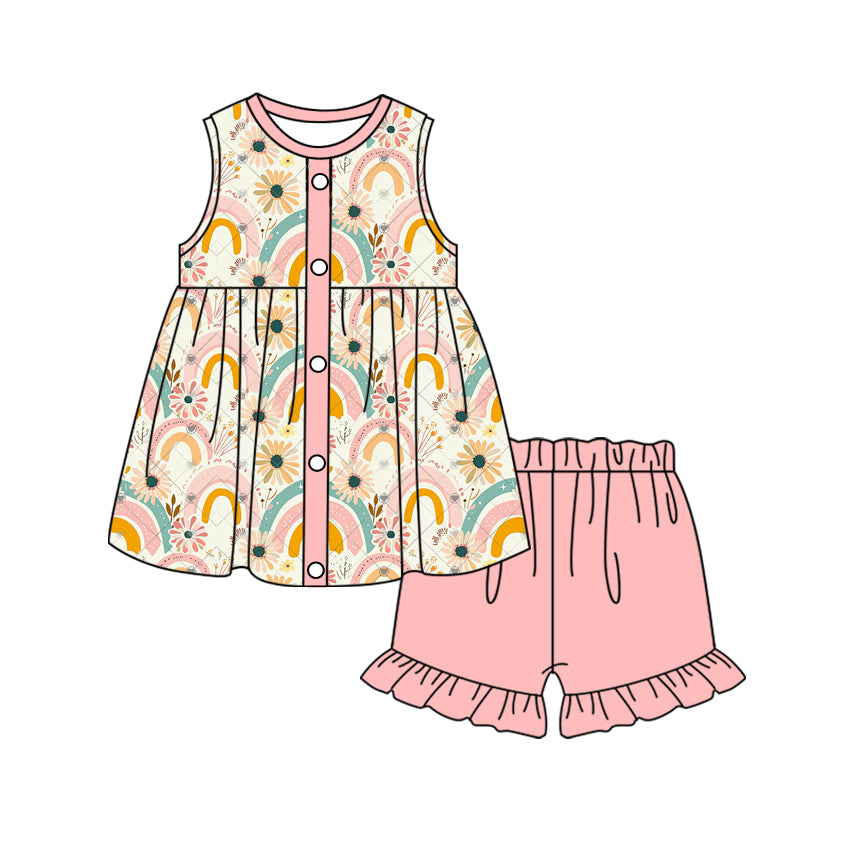 preorder GSSO1825 Rainbow Flowers Sleeveless Pink Shorts Girls Set