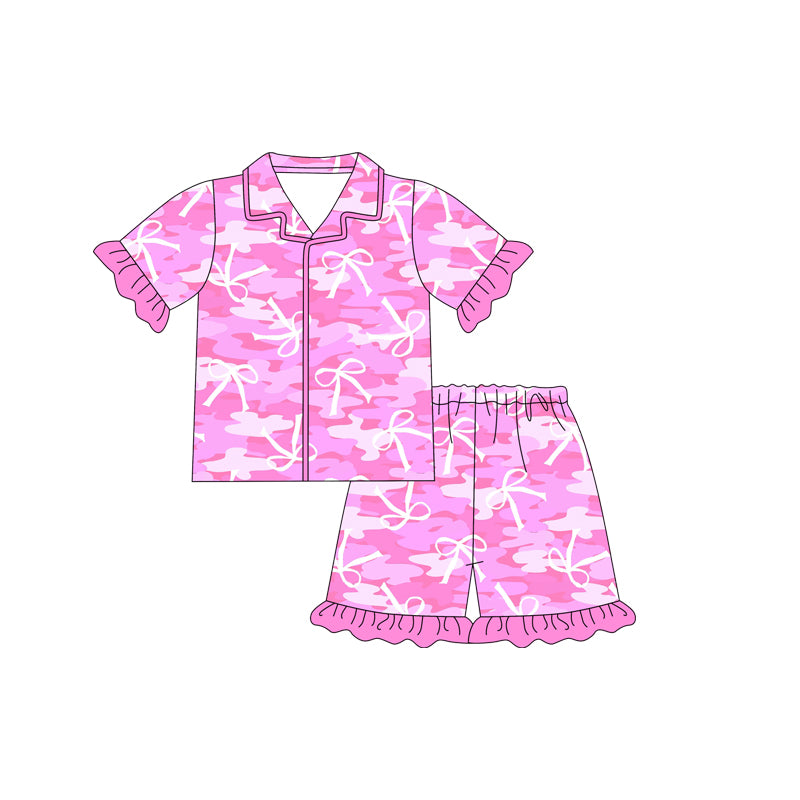 preorder GSSO1827 Purple Camo Bows Short Sleeve Shorts Girls Buttons Pajamas