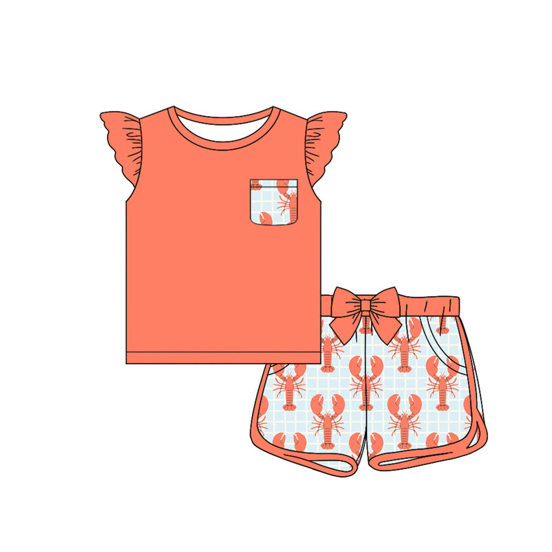 preorder GSSO1830 Orange Crayfish Pocket Flutter Sleeve Bow Shorts Girls Set