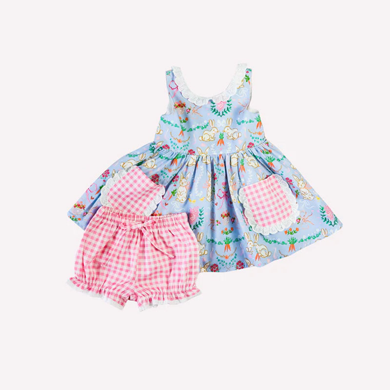 preorder GSSO1833 Easter bunny rabbit carrot blue sleeveless pink checkered shorts girls set