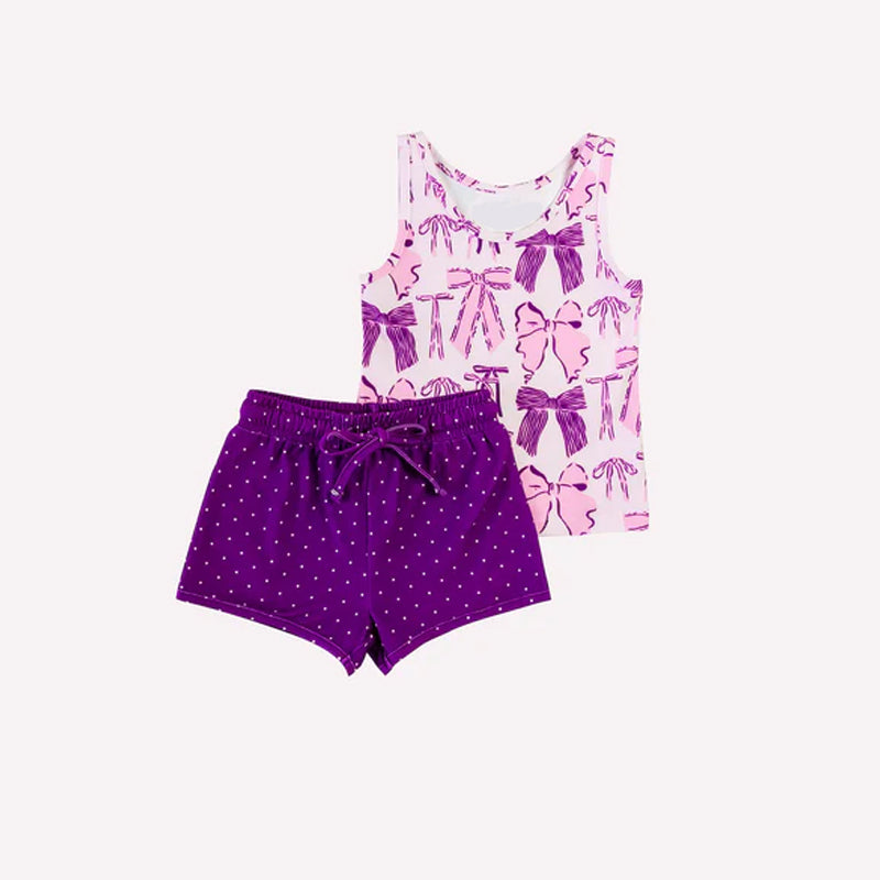 preorder GSSO1835 pink purple bows sleeveless purple dot shorts girls set