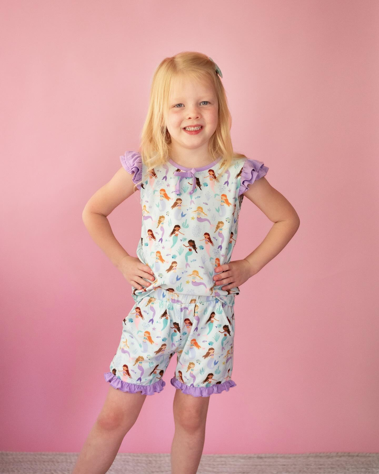 preorder GSSO1840 cute cartoon mermaid purple flutter sleeve shorts girls set