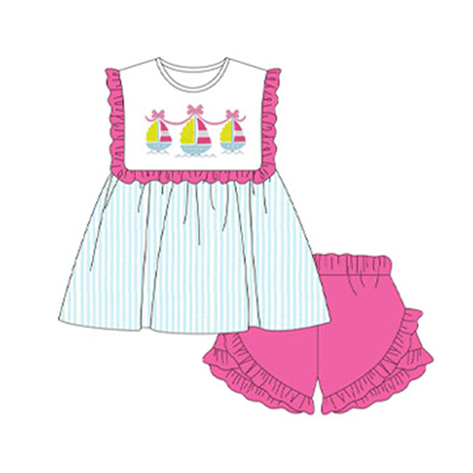 preorder GSSO1843 cute sailboat bows striped sleeveless hot pink shorts girls set