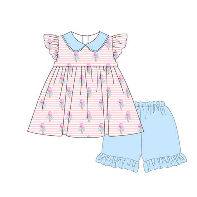 preorder GSSO1844 bows ice pink striped peter pan collard flutter sleeve blue shorts girls set