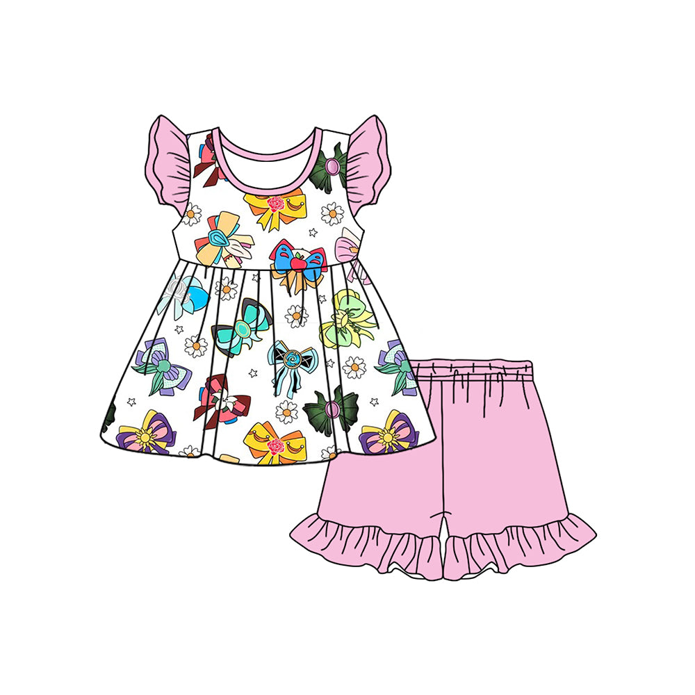 preorder GSSO1846 cute cartoon princess bows flutter sleeve pink shorts girls set