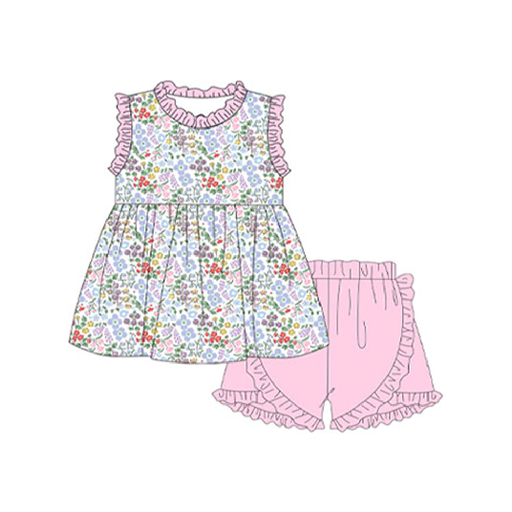 preorder GSSO1848 colorful flowers floral sleeveless pink ruffles shorts girls set