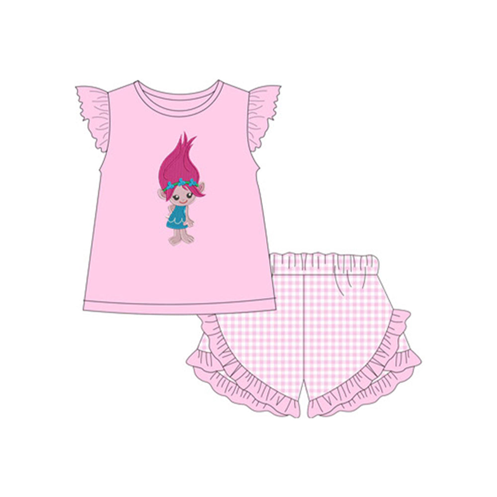 preorder GSSO1851 long hair baby pink flutter sleeve checkered shorts girls set