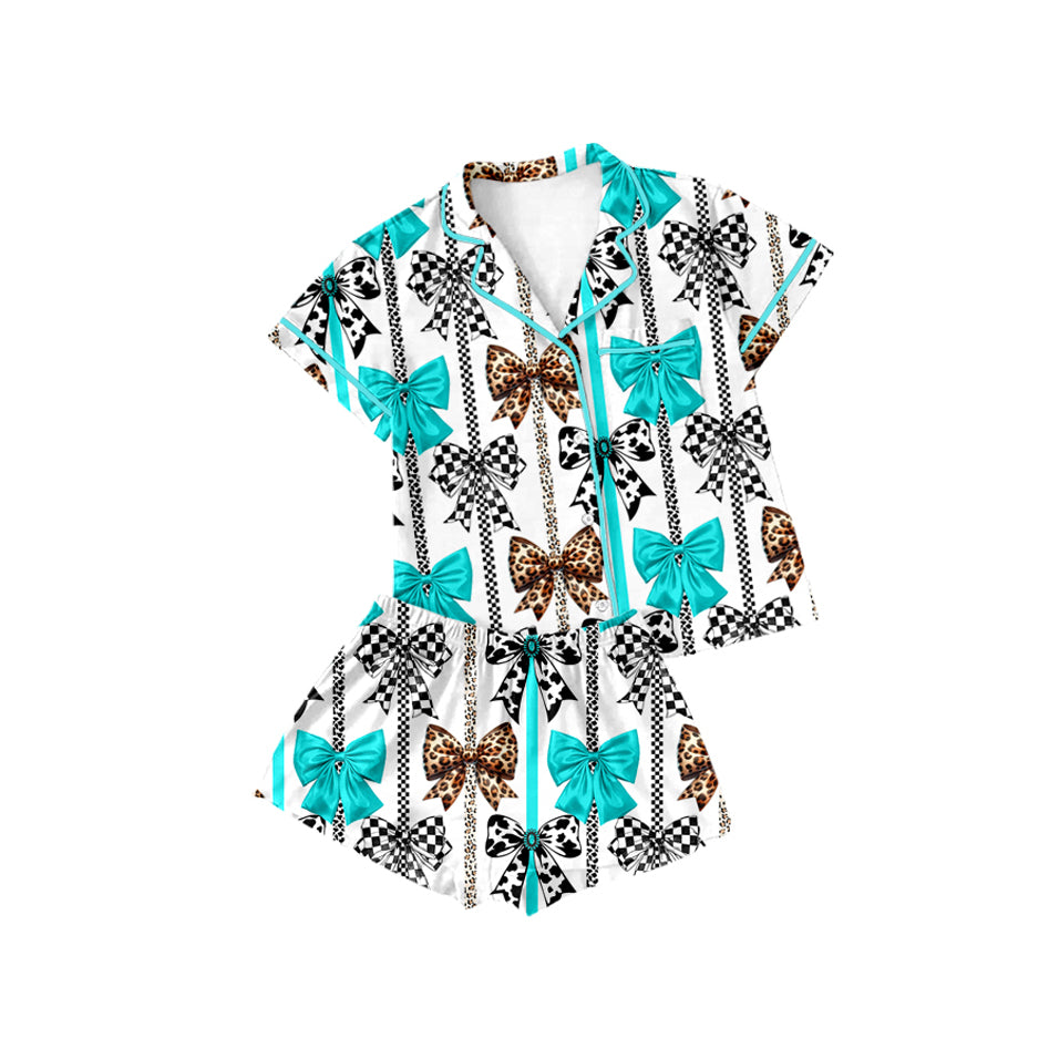 preorder GSSO1858 baby girl mint color bows short sleeve shorts buttons pajamas