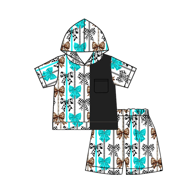 preorder GSSO1860 baby girl mint color bows black hoodie short sleeve shorts set