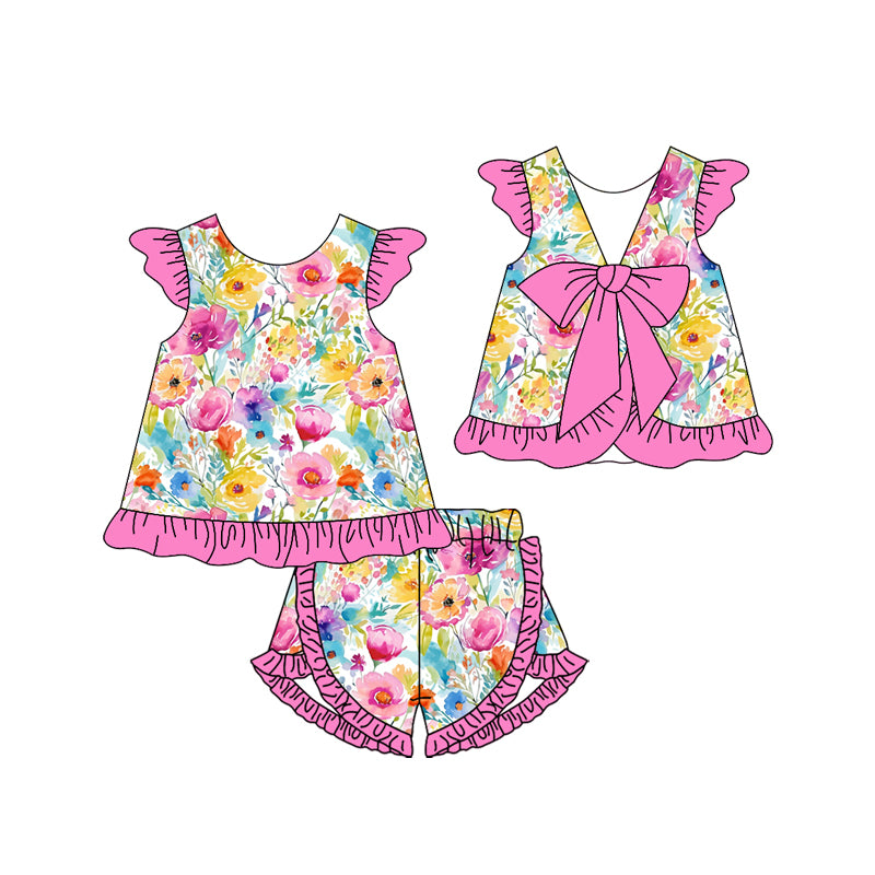 preorder GSSO1864 baby girl colorful flowers hot pink flutter sleeve with bow shorts set