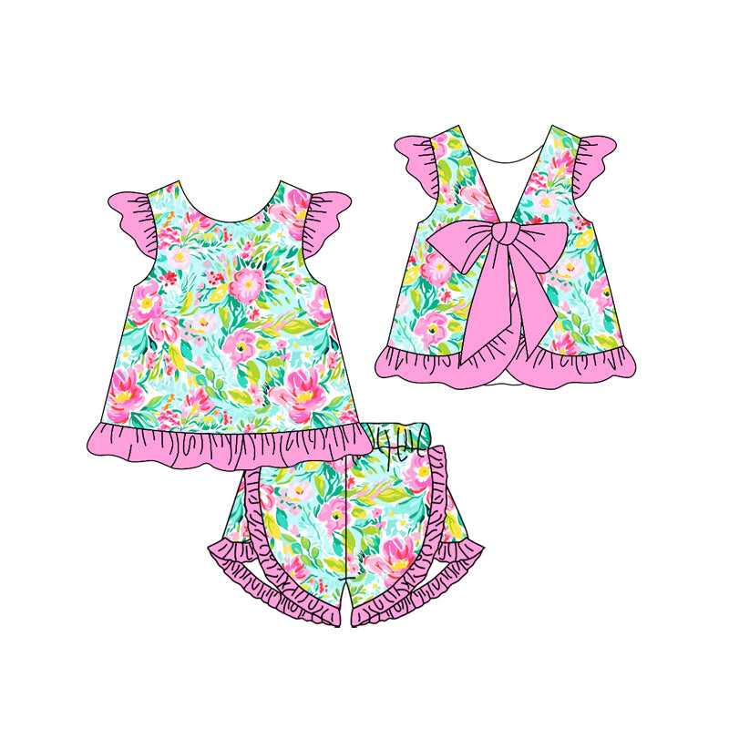 preorder GSSO1865 baby girl colorful flowers hot pink flutter sleeve with bow shorts set