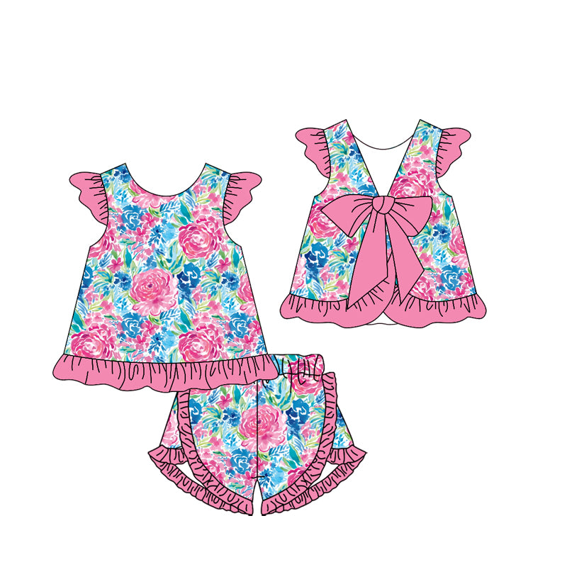 preorder GSSO1866 baby girl colorful flowers pink flutter sleeve with bow shorts set