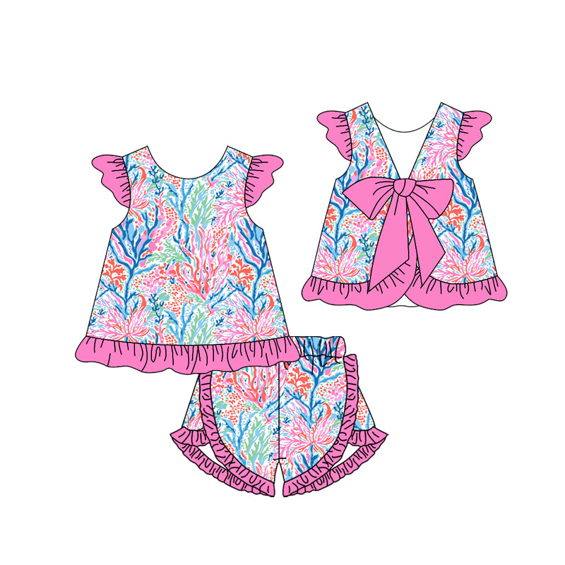 preorder GSSO1867 baby girl colorful seaweed pink flutter sleeve with bow shorts set