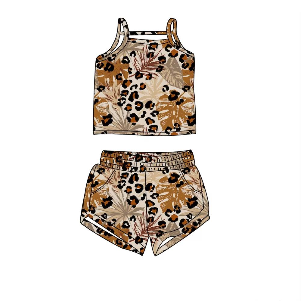 preorder GSSO1869 baby girl brown leopard leaf camisole shorts set